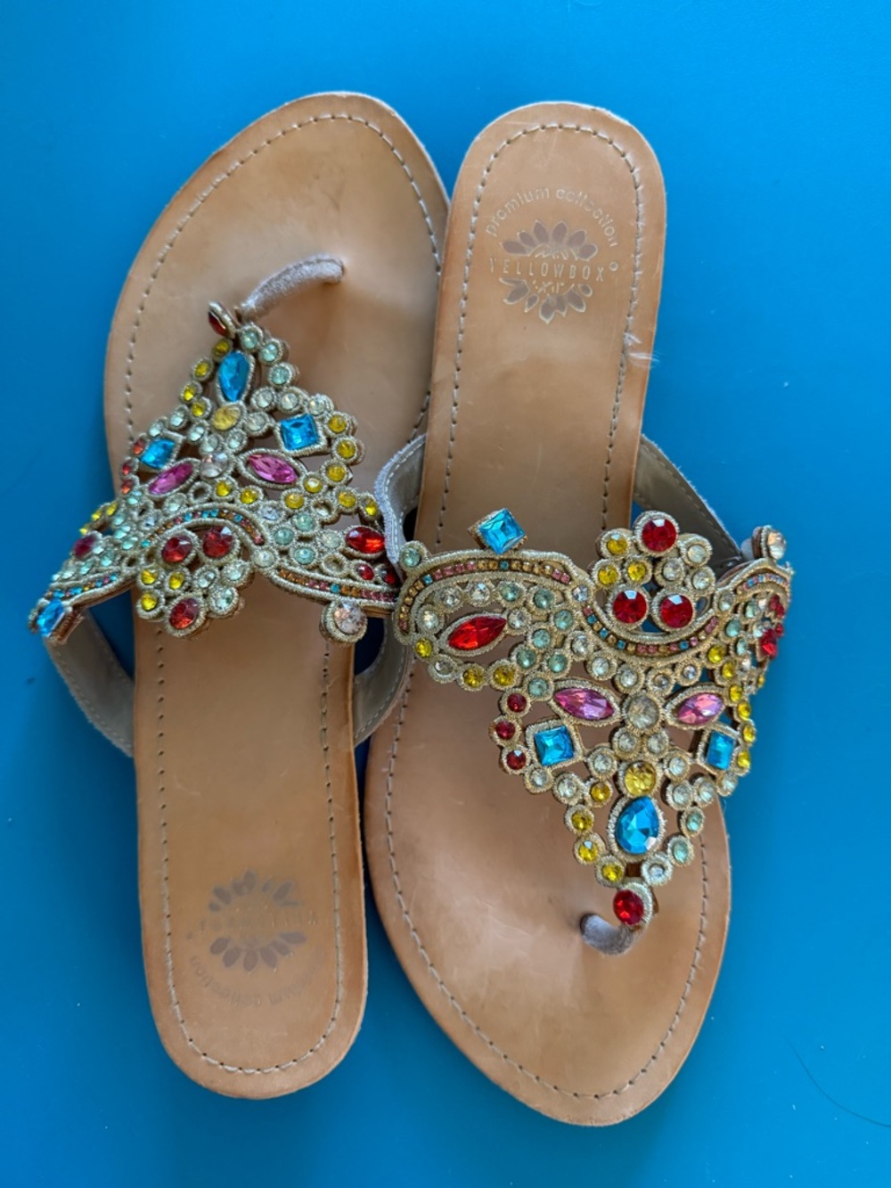 Yellow Box Multi Color Embellishment With Gold Trim Sandals